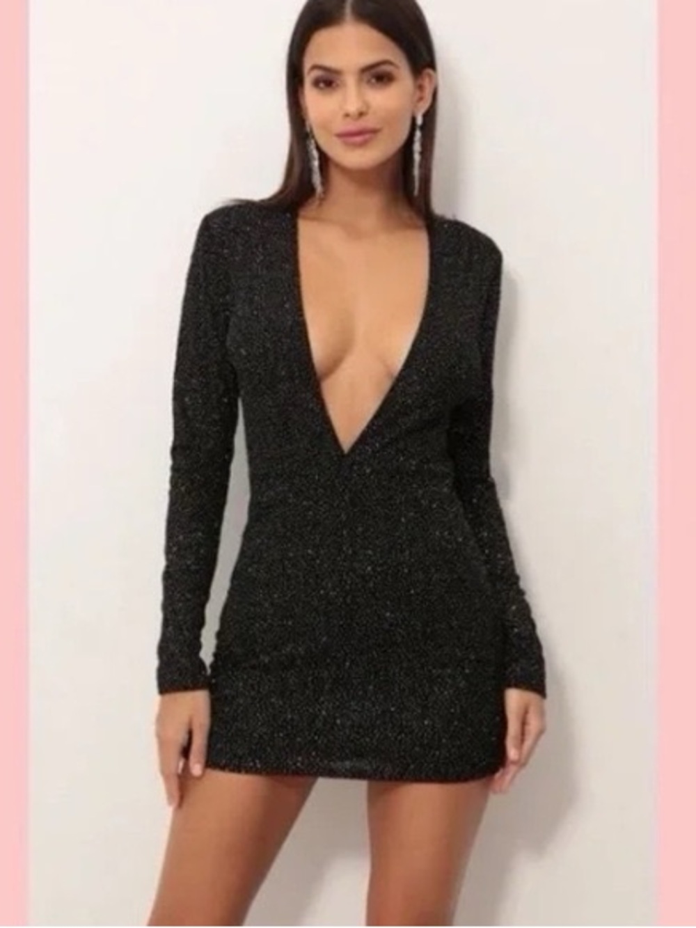 Lucy in the Sky Black Sparkle Deep V Long Sleeve Mini Dress